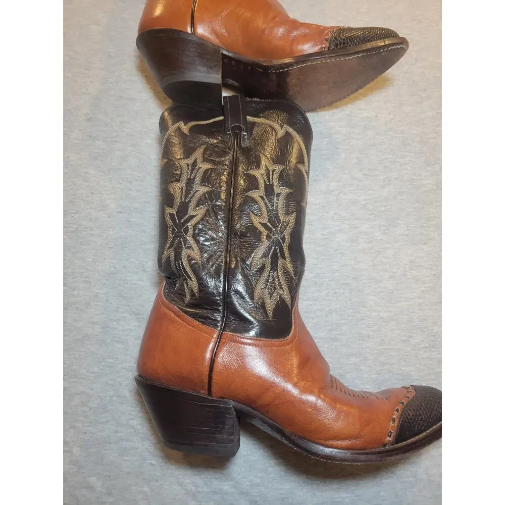 Vintage Tony Lama 6951 Men Brown Western Cowboy Boots J Toe Leather USA W Box